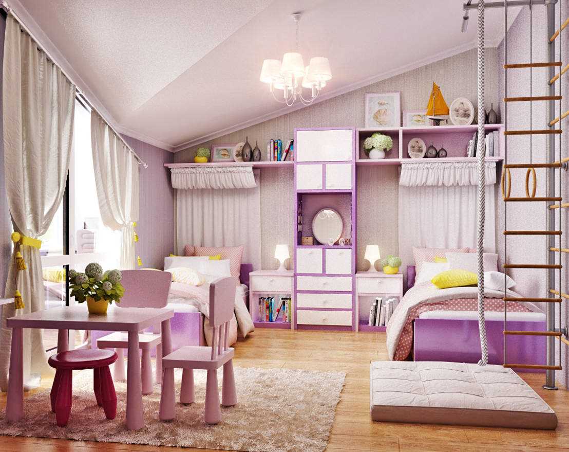 the idea of ​​a bright interior for a children's room for two girls