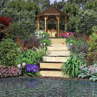 An example of the use of beautiful plants in the landscape design of a summer house