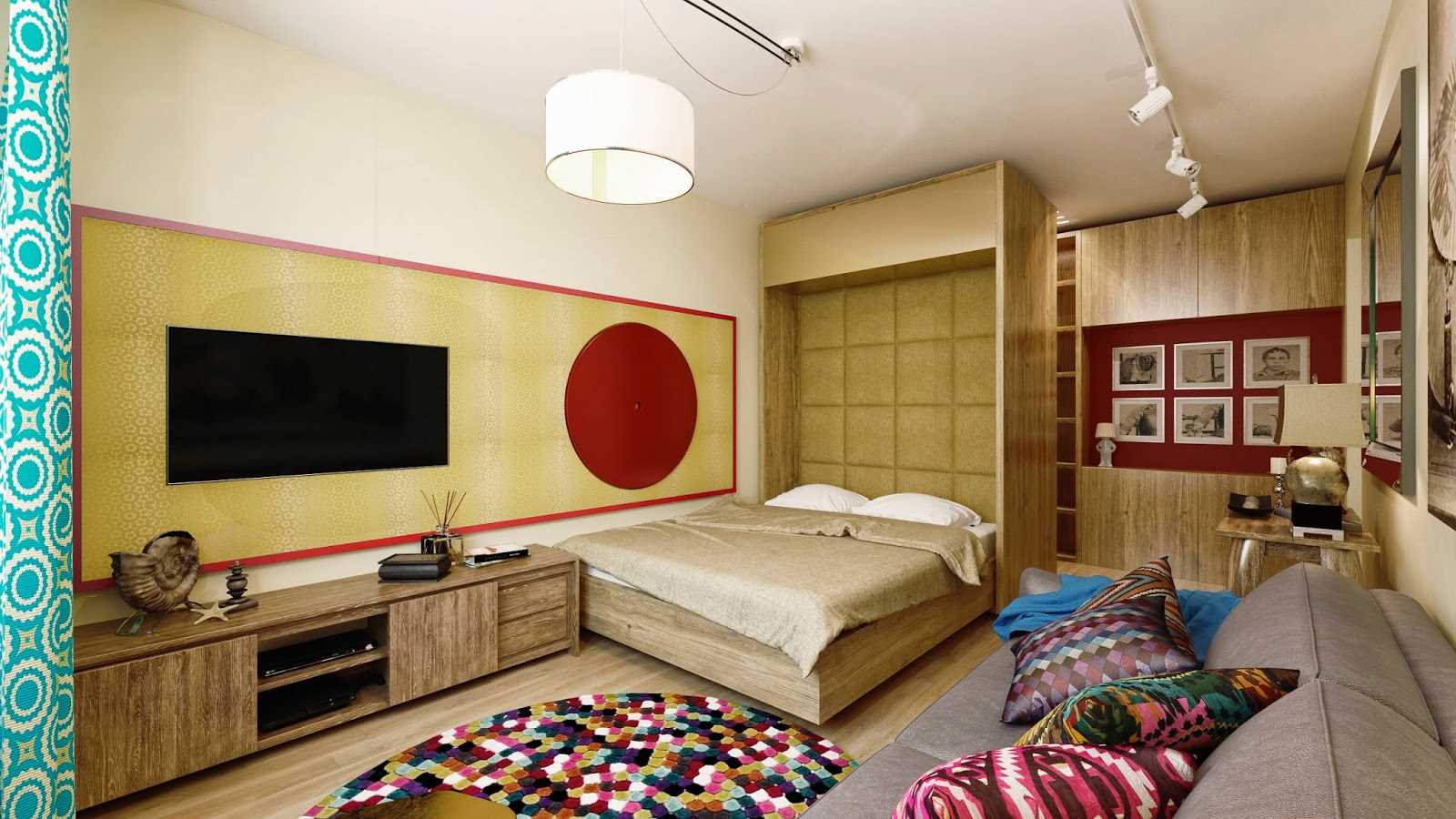 the idea of ​​a bright interior living room bedroom 20 sq.m.