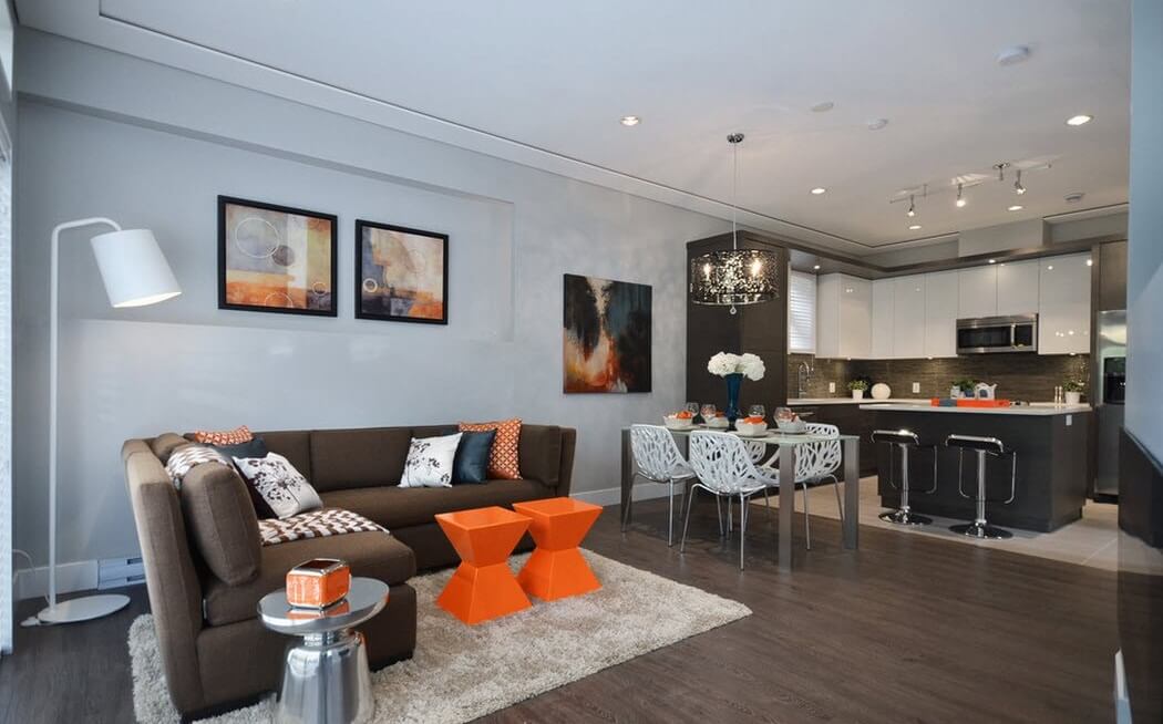 rectangular kitchen living room dining room