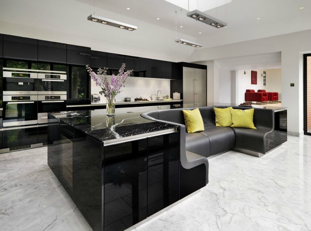 spacious kitchen design with sofa