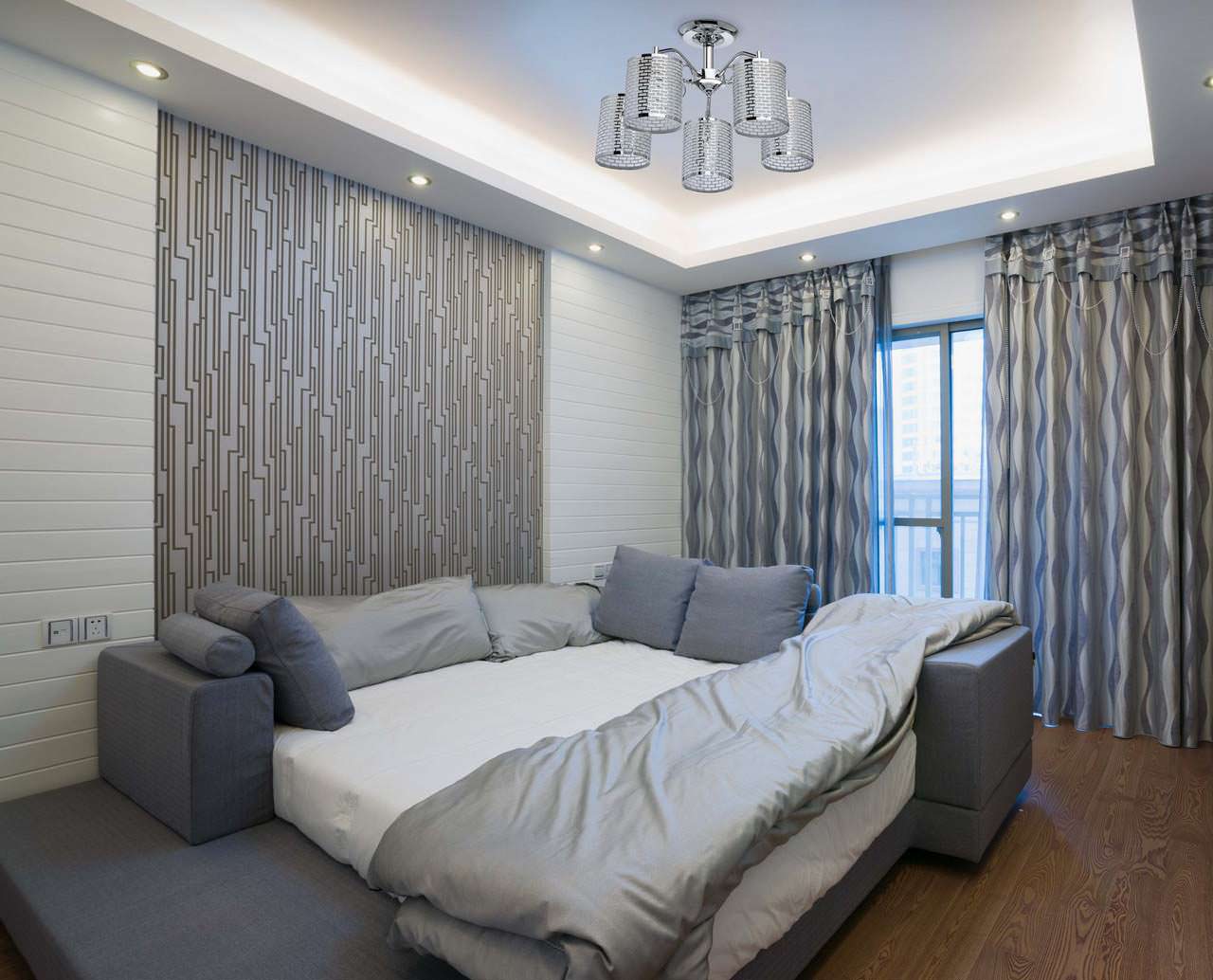 bedroom design with gray wallpaper