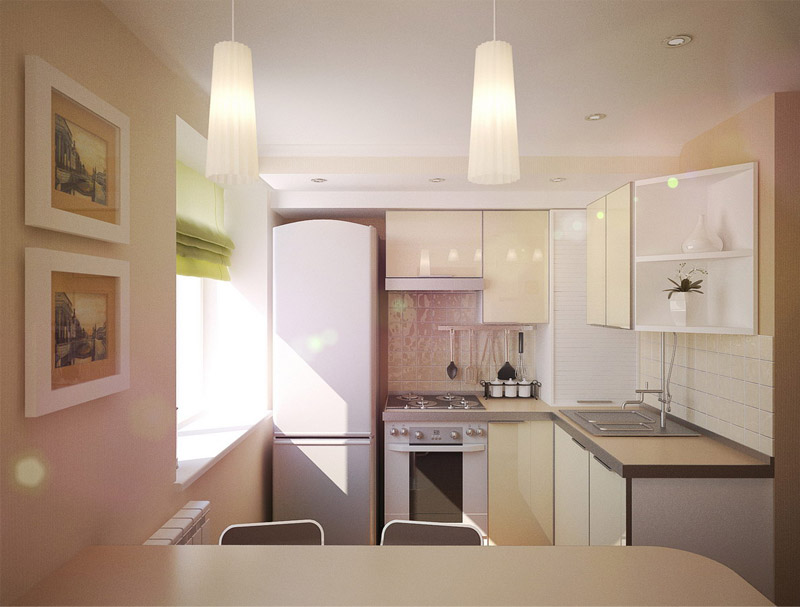 kitchen design 5 sq m with a refrigerator