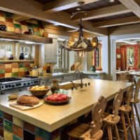 example of an unusual interior of a kitchen in a wooden house photo