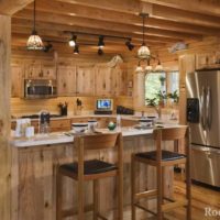 An example of a bright interior of a kitchen in a wooden house