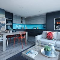 kitchen dining room living room in a private house interior