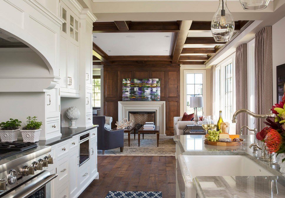 kitchen dining room living room with fireplace