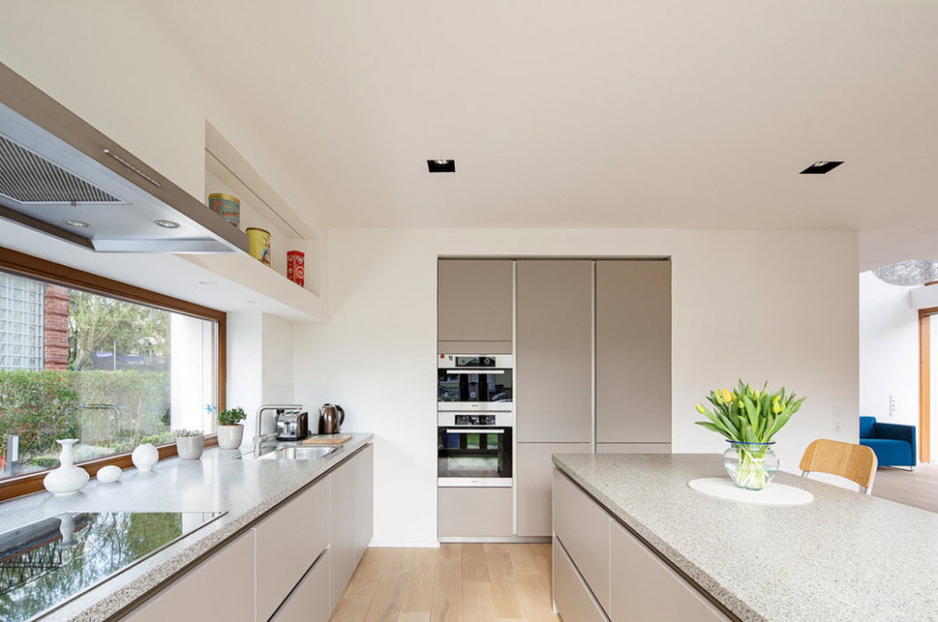 modern kitchen with a large window