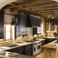 an example of a bright style of kitchen in a wooden house picture