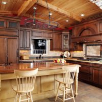 An example of a light kitchen decor in a wooden house photo