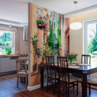 kitchen design with window and photo wallpaper