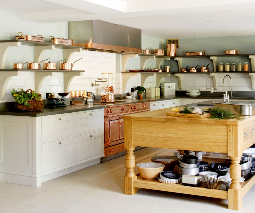 kitchen with shelves instead of cabinets