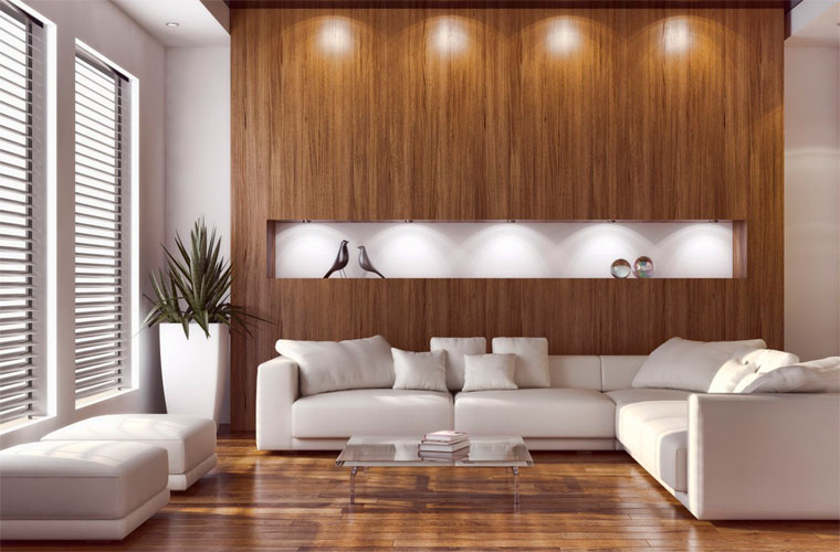 Wall decoration over wood paneling sofa