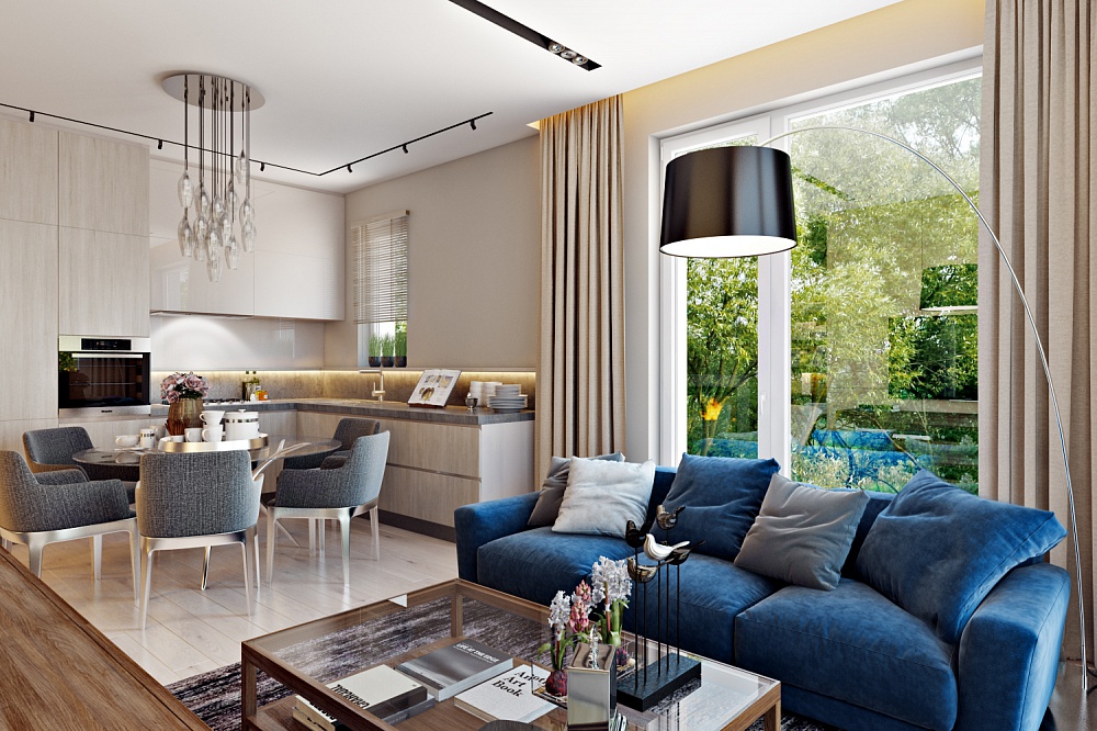 Living room of a country house with a sofa along the window