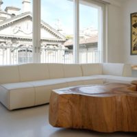 Solid wood table in the living room interior