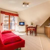 Red sofa and brown suite in the combined kitchen