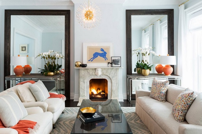 Living room with large mirrors