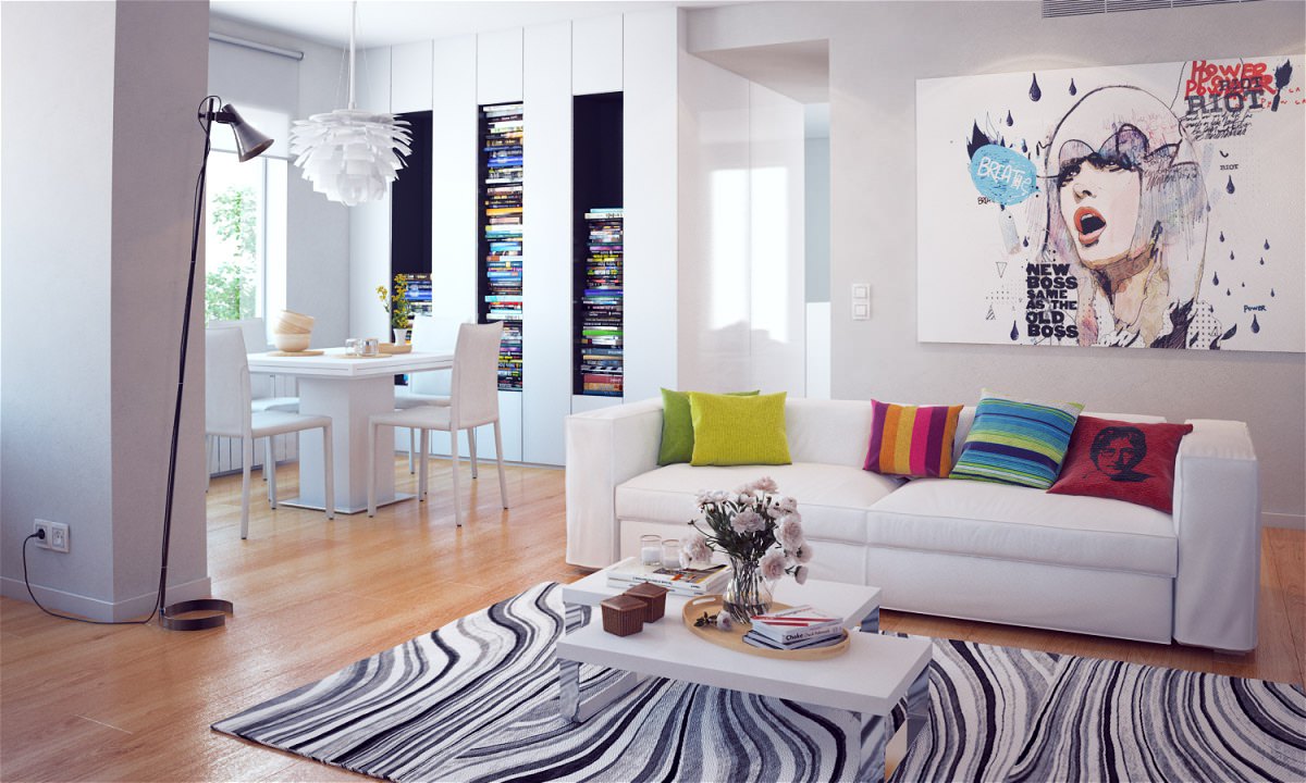 idea of ​​a light apartment decor in pop art style