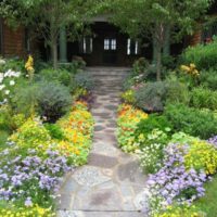 Flowerbeds with flowers along the edges of the garden path