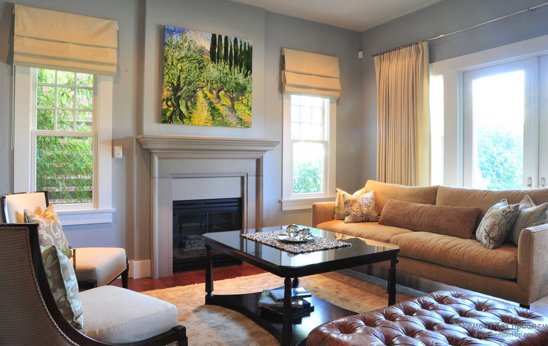 Roman curtains and fireplace in the living room interior