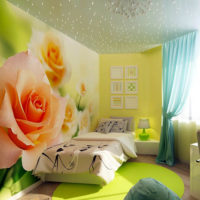 Realistic photo wallpaper in bedroom interior