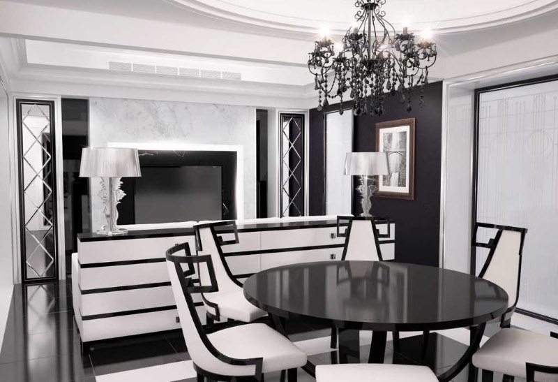 Design of a kitchen-living room in black and white shades