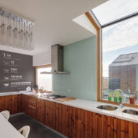 Wood and wallpaper in the interior of the kitchen