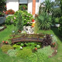 Wooden bridge through a small garden pond