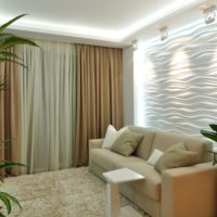 Panel gypsum backlit di atas sofa di apartmen studio