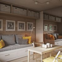 Shelves under the ceiling in the living room