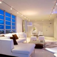 Linear suspension spotlights in the living room interior