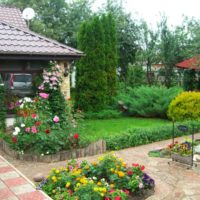 Blooming garden in front of a residential building