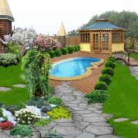 Artificial pond in front of a wooden gazebo