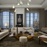 Designer wooden table in the center of the living room