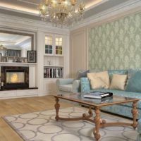 Wooden coffee table in the living room in pastel colors.