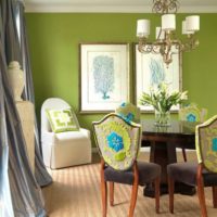 White ceiling and olive walls in the design of the living room