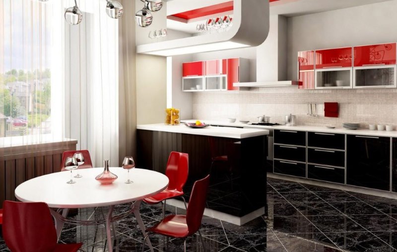 Kitchen-living room interior in red-black color