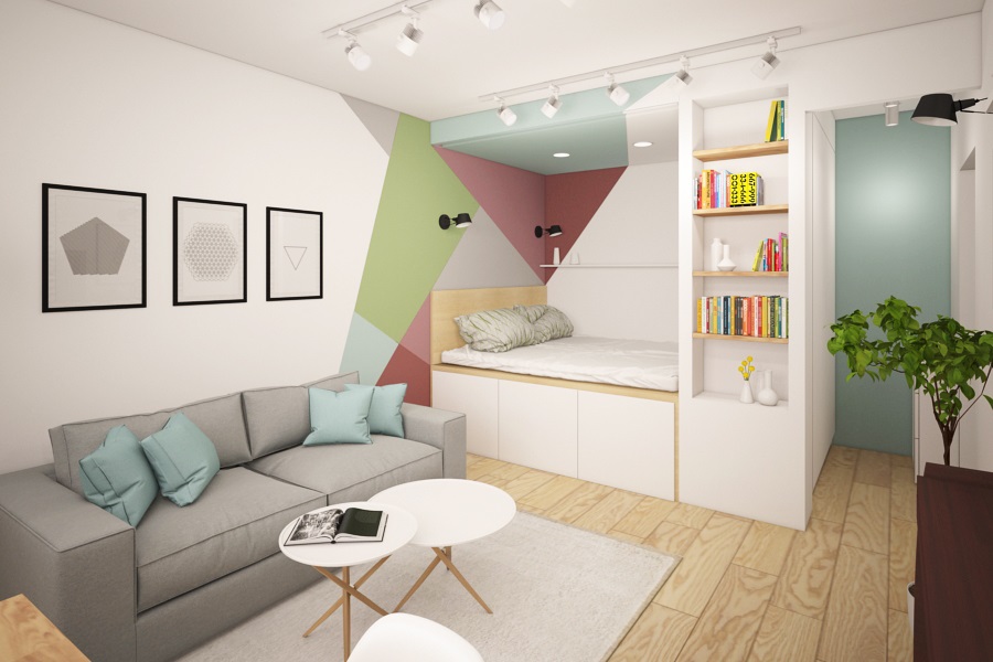 Bed on the podium in the design of a studio apartment