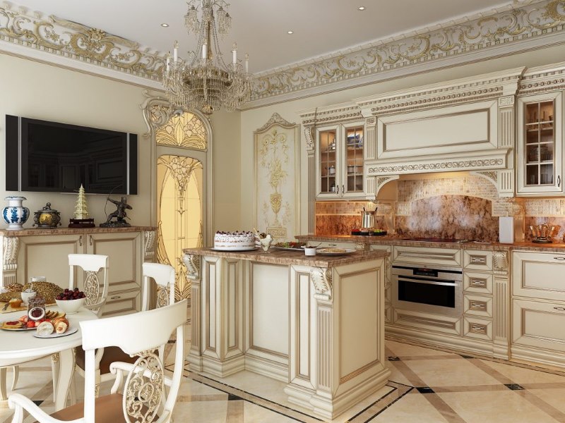 Kitchen interior design with stucco.