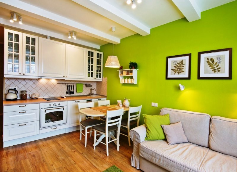 Combined kitchen interior in white-green color