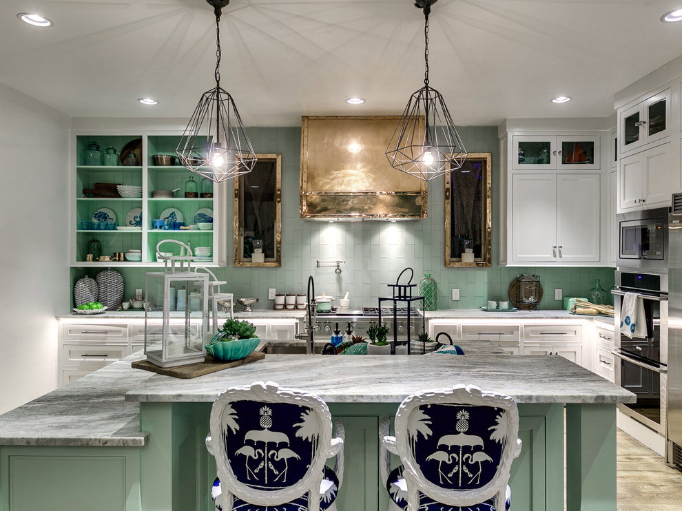 Modern marine style kitchen with mint furniture