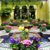 Flowerpots with flowers around a country reservoir