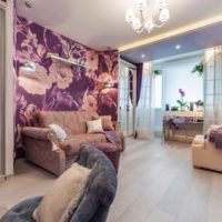 Lighting in the living room with lavender curtains