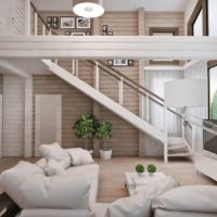 Staircase in the living room with high ceilings.