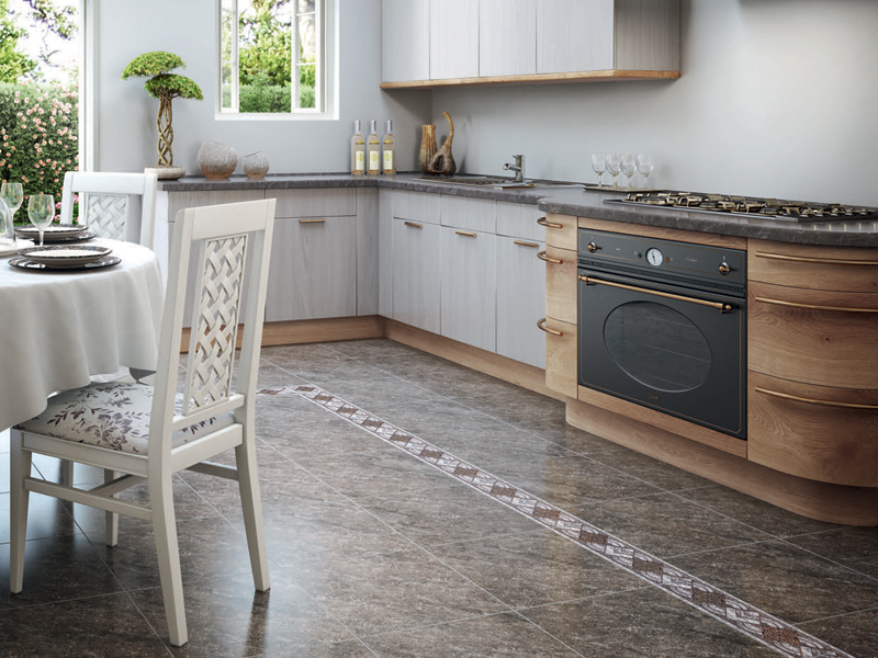 Linoleum with ceramic tiles on the kitchen floor