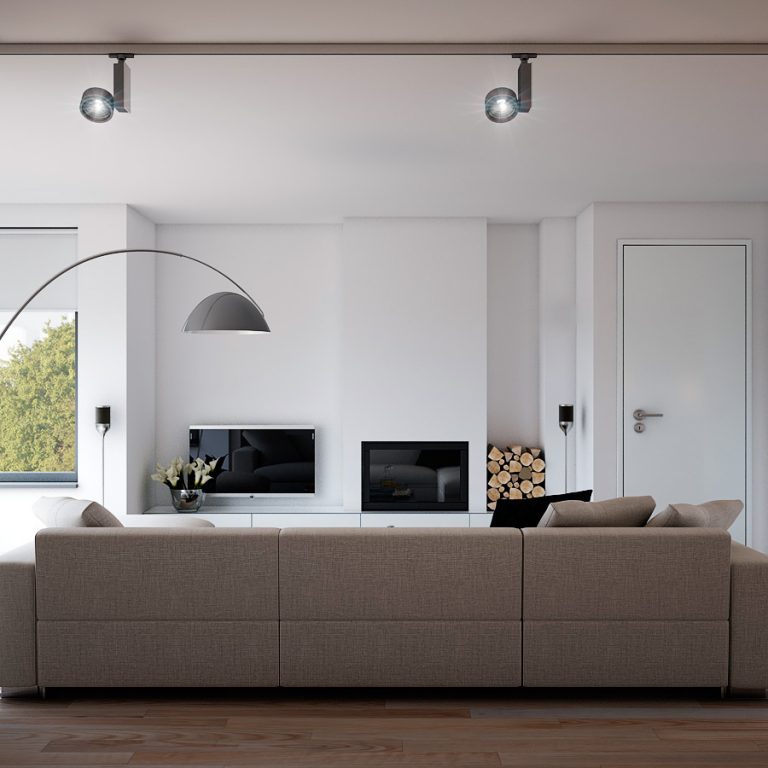 Ceiling spotlights with directional light in the interior of the living room