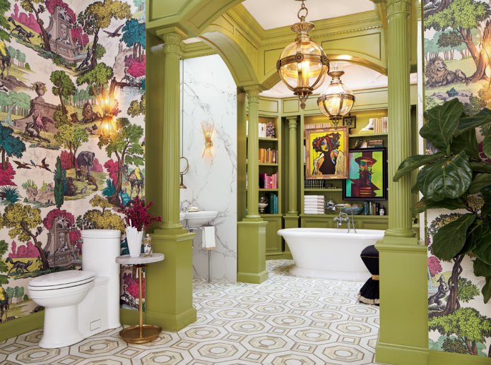 Bathroom design with olive columns and white fixtures