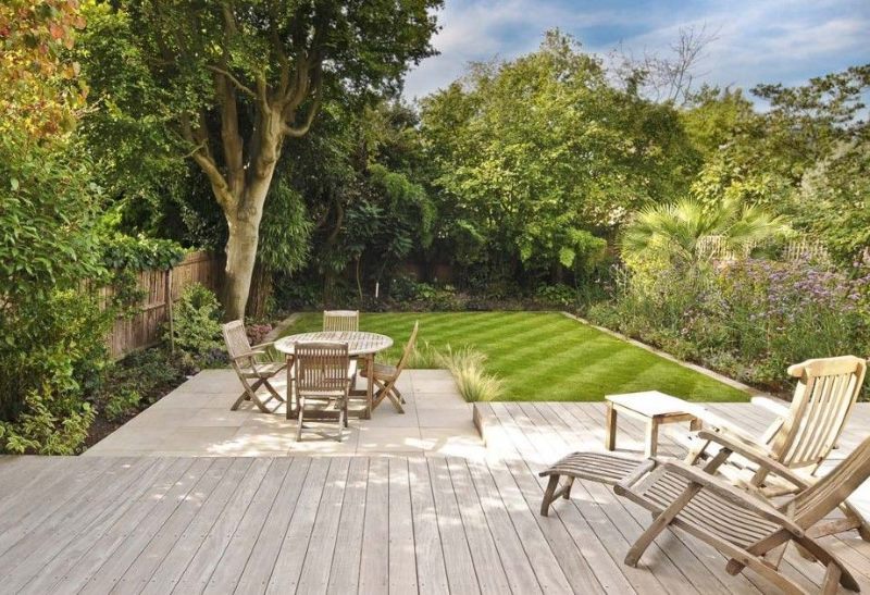 Outdoor terrace at home with a seating area