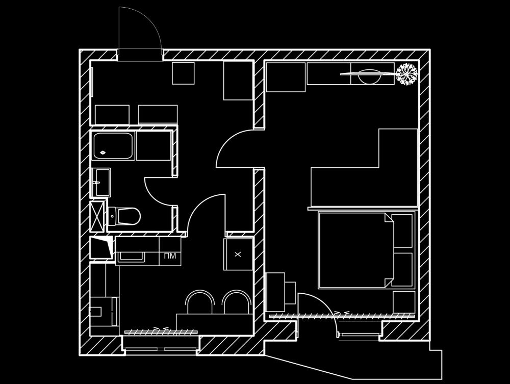 Typical design of a studio apartment with a glass partition