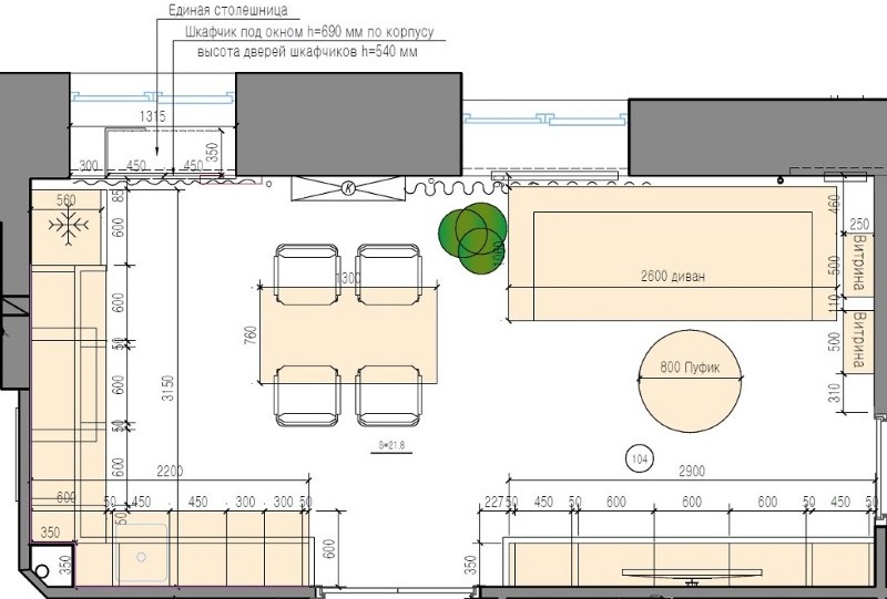 Layout of a kitchen-living room in a city apartment